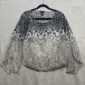 Alfani Top Womens Small Gray Pattern Sheer Semi Sheer Blouse Built-in Tank Top